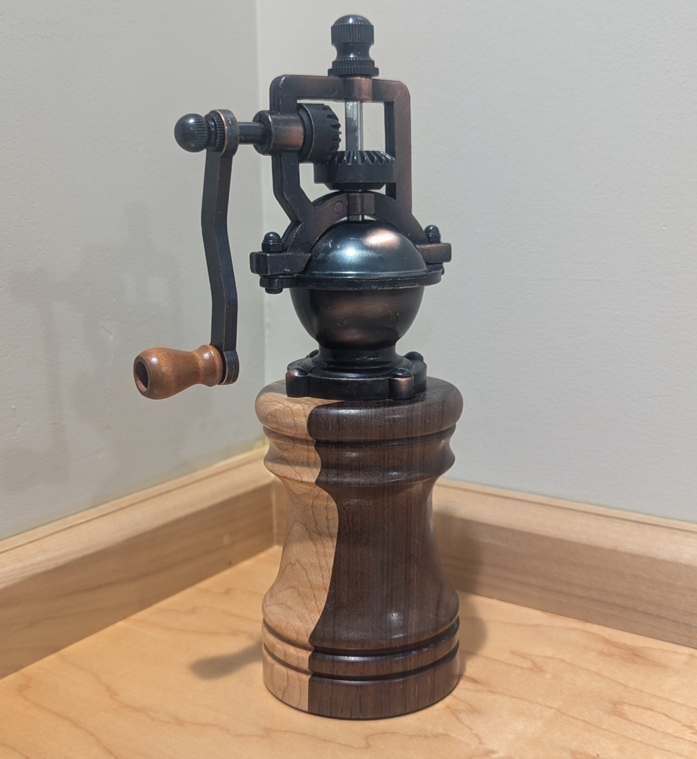 8" Antique Style Pepper Mill - Curly Maple/Walnut/Padauk